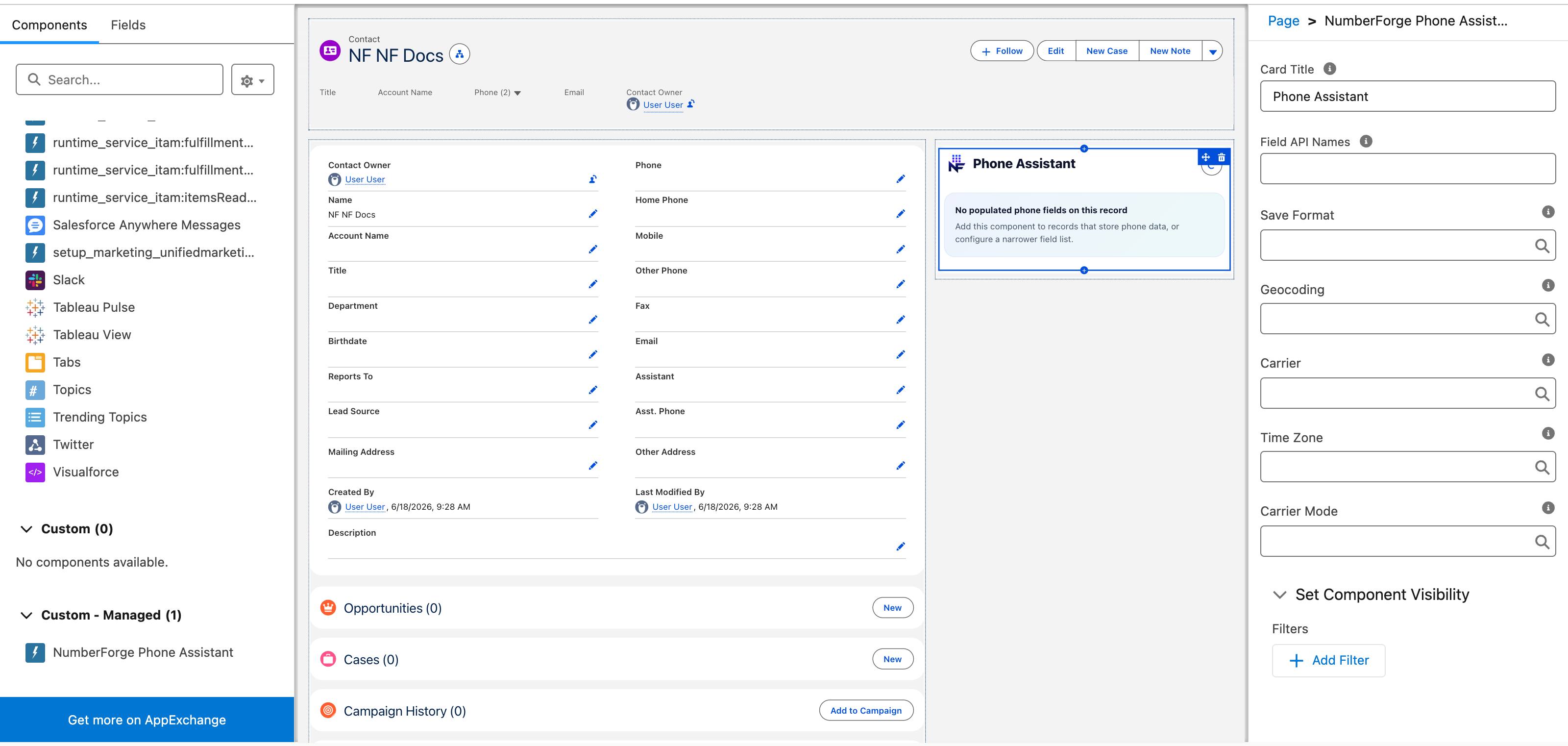 Lightning App Builder with NumberForge Phone Assistant in the component palette, on the Contact record page canvas, and in the properties panel