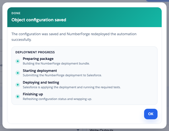 Success confirmation after Save Object redeployed NumberForge automation