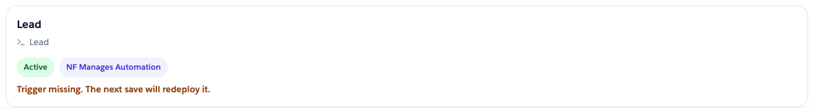 Lead object card with Trigger missing warning on the configured objects list
