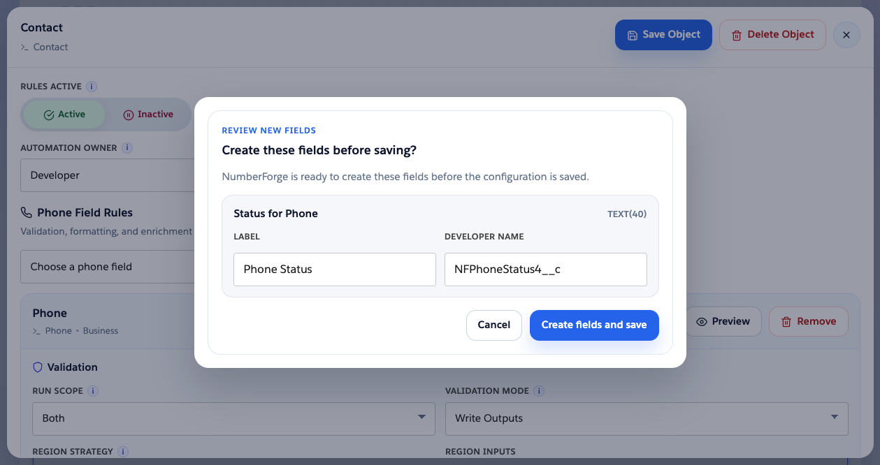 Review dialog before creating Phone Status on Contact