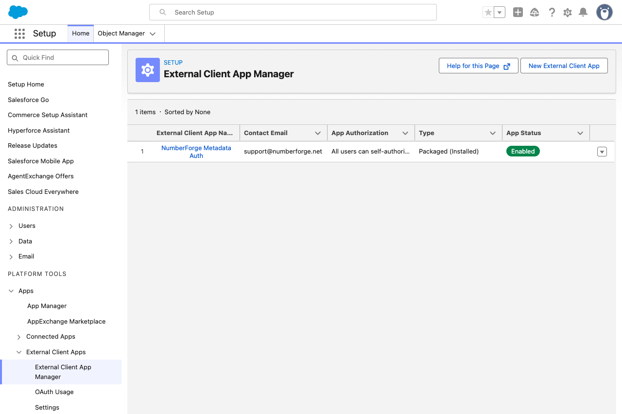 External Client App Manager listing NumberForge Metadata Auth