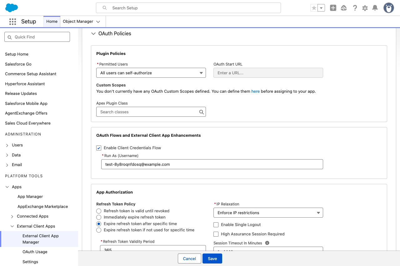 OAuth Policies edit form with Client Credentials Flow and Run As User