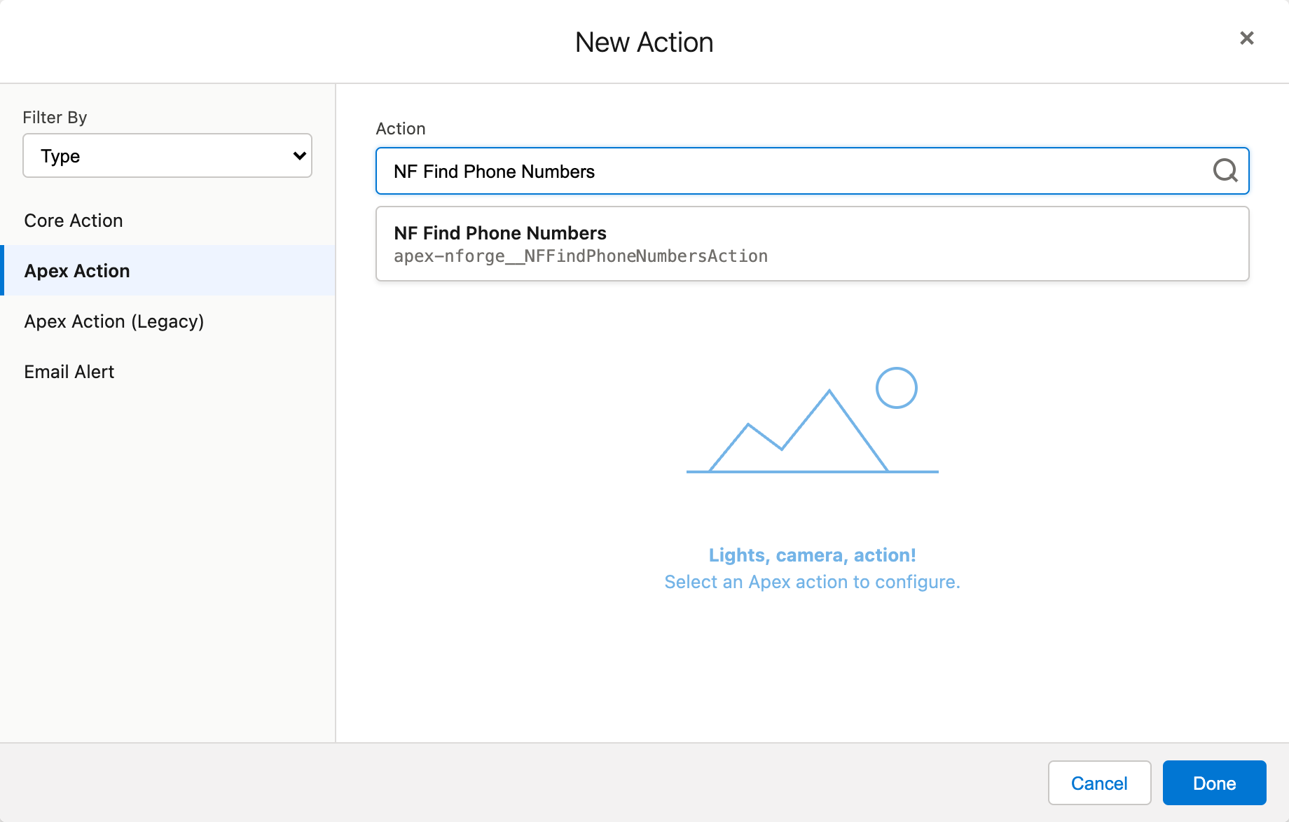 New Action modal with Apex Action filter and NF Find Phone Numbers search result