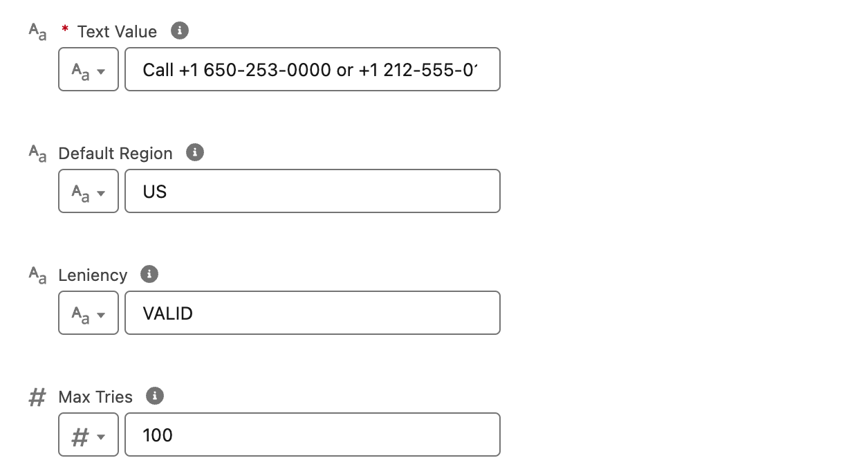 NF Find Phone Numbers action inputs with text value, default region, leniency, and max tries