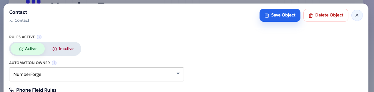 Contact object setup with Rules Active and Automation Owner
