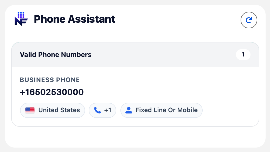 Phone Assistant card with a valid E164 phone value already stored and no Save button