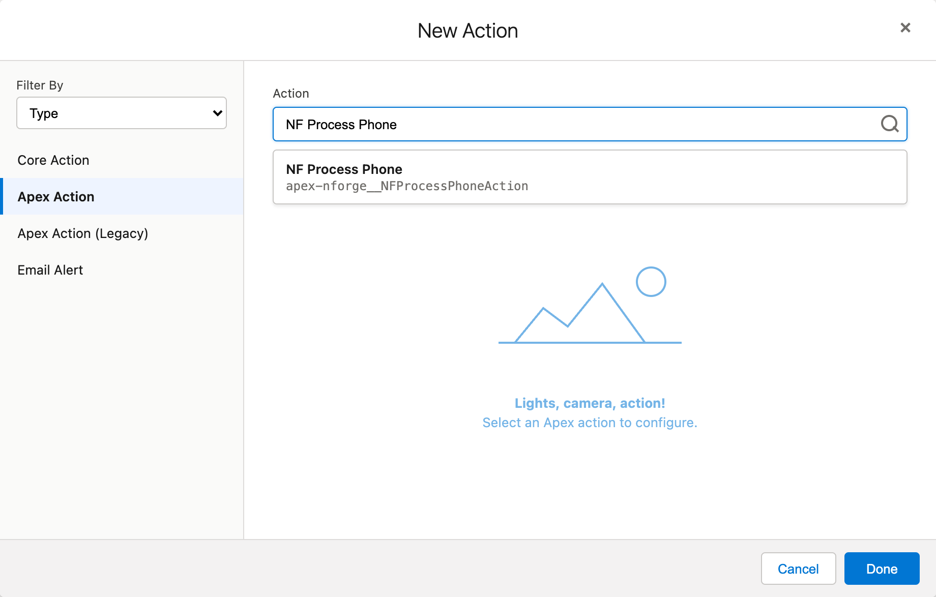New Action modal with Apex Action filter and NF Process Phone search result