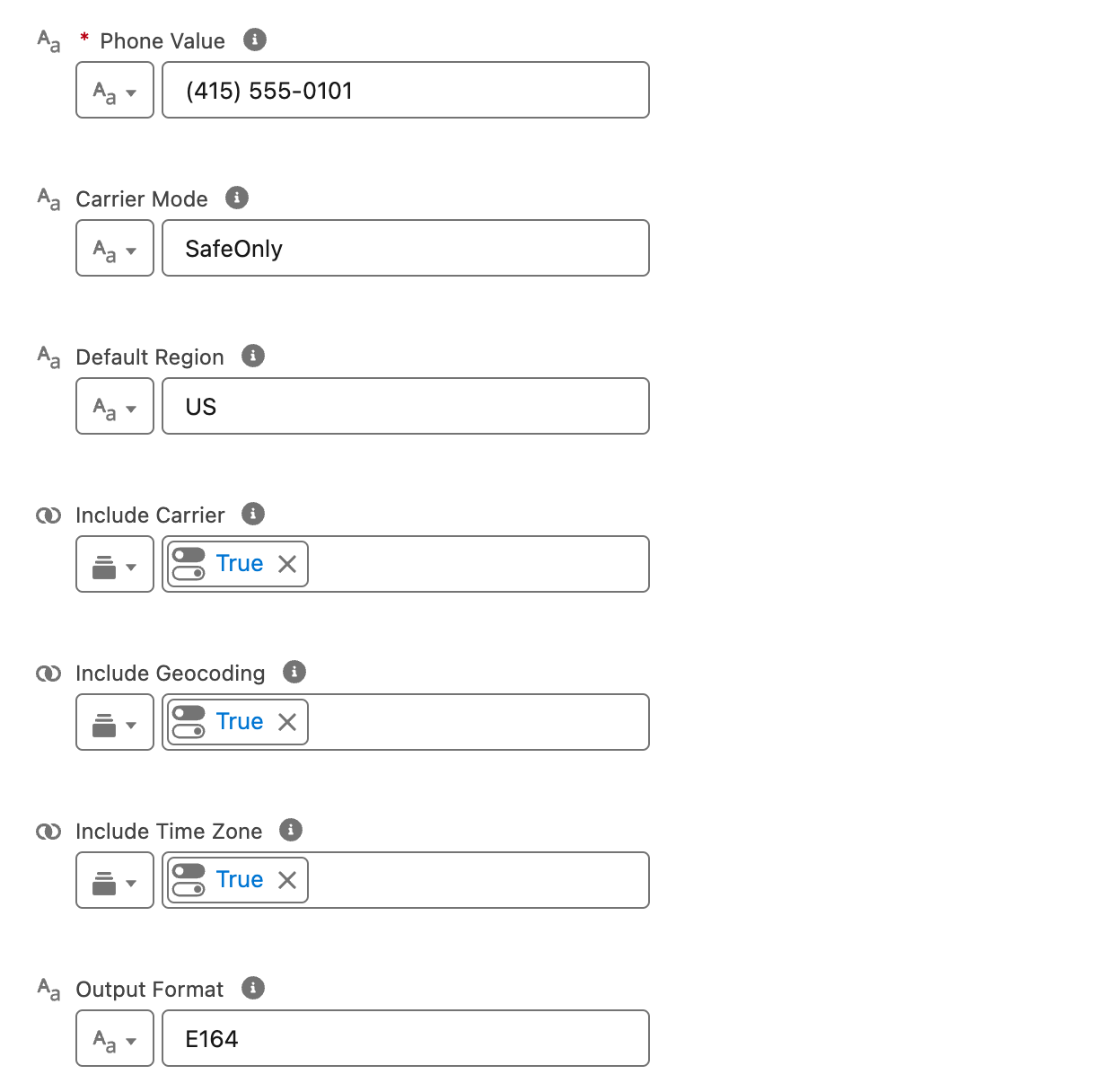 NF Process Phone action inputs with phone value, region, format, enrichment toggles, and carrier mode